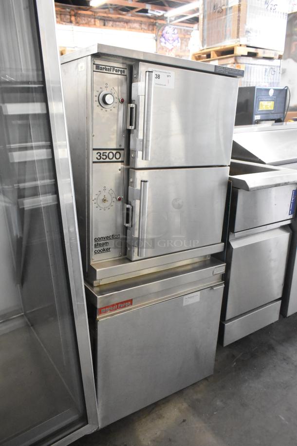 Market Forge 3500 stainless steel 2-deck steam cabinet on M24GIA steam generator, 170,000 BTU, natural gas, commercial use.