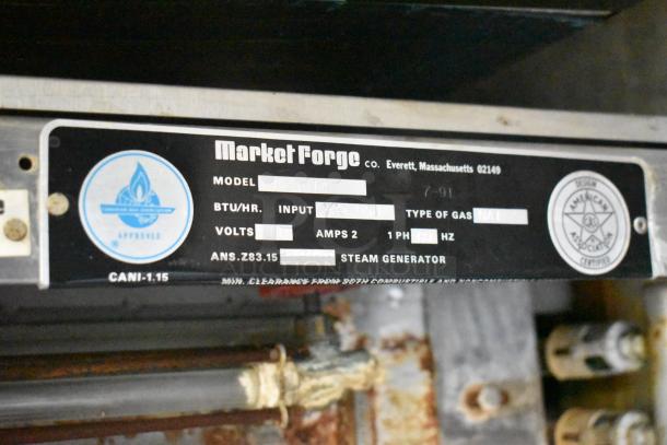 Market Forge 3500 steam cabinet label showing model M24GIA, 170,000 BTU input, gas-approved, Everett, MA.