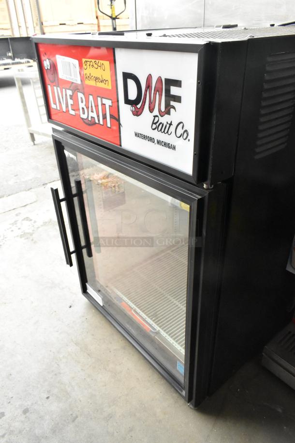 2019 True GDM-05-HC-LD commercial mini cooler merchandiser, black, branded "Live Bait," glass door, 115 volts, 1 phase.