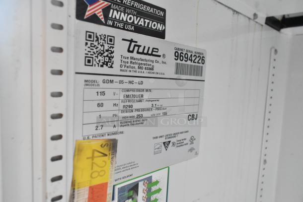 2019 True GDM-05-HC-LD mini cooler label with 115 volts, 1 phase, R290 refrigerant. Serial number 9694226.