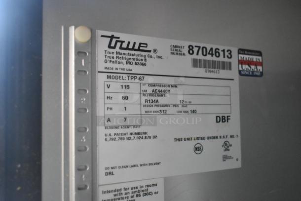 True TPP-67 stainless steel commercial pizza prep table label. 115 volts, 1 phase, model TPP-67, made in USA.