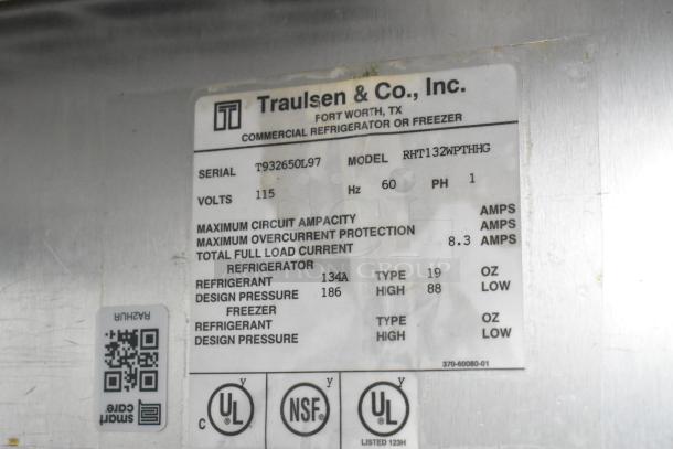Traulsen RHT132WPTHHG label, 115V, 1 phase, commercial refrigerator, specs include refrigerant type 134A, UL and NSF certified.