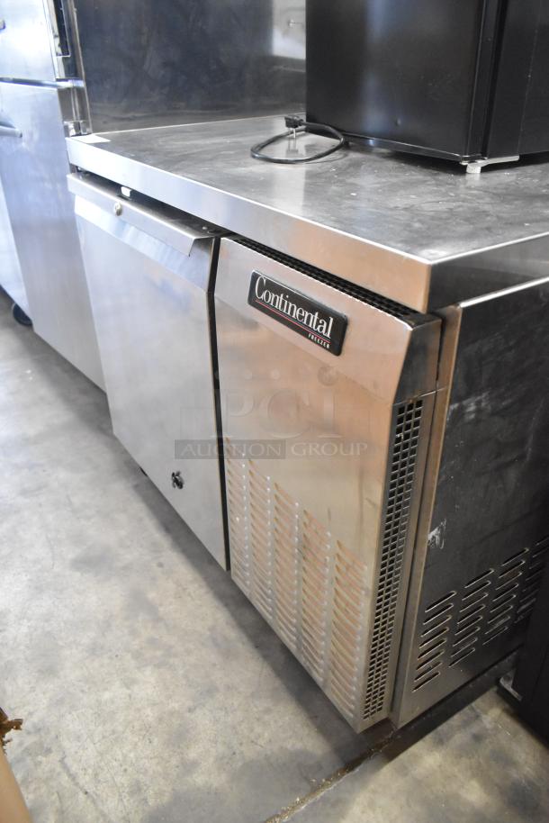 Continental CFB42 stainless steel single door undercounter freezer, on commercial casters, 115V, 1 phase, visible brand label.
