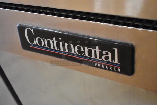 Continental CFB42 stainless steel undercounter freezer with single door, commercial casters, and visible brand logo.