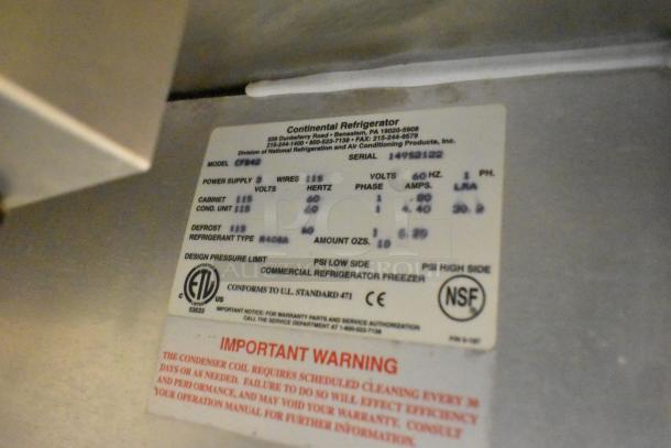 Continental CFB42 stainless steel undercounter freezer label displaying specifications: 115 volts, 1 phase, model CFB42.