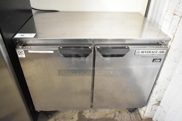 Beverage Air UCR34Y stainless steel 2-door undercounter cooler on commercial casters, 115V, with visible brand label.