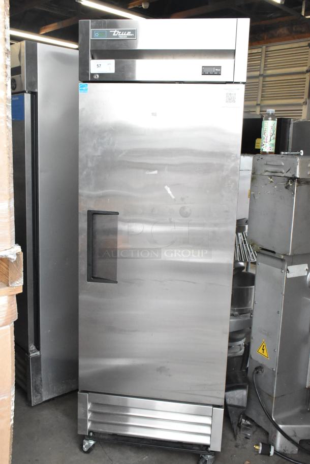 2024 True T-19F-HC stainless steel single door reach-in freezer, poly-coated racks, commercial casters, 115V, 1 phase.