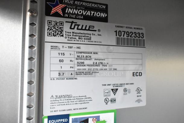 2024 True T-19F-HC stainless steel single door freezer with poly coated racks on casters. 115V, 1 Phase. Serial: 10792333.
