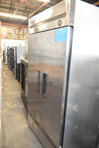 2017 True T-35 stainless steel 2-door reach-in cooler, poly-coated racks, on casters, 115V, 1 phase, commercial use.