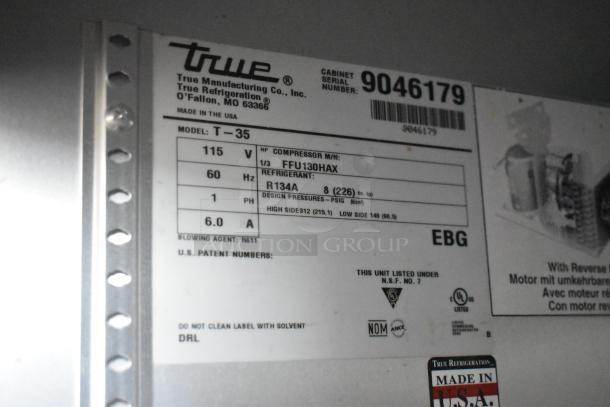 2017 True T-35 stainless steel commercial cooler label showing model, voltage, phase, and refrigeration details.