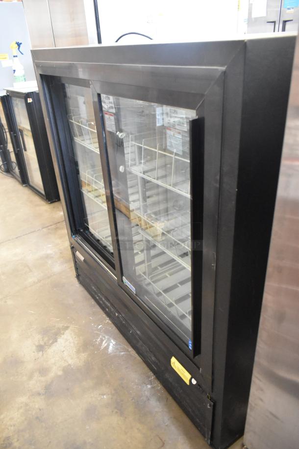 Imbera VRD41 metal commercial reach-in cooler, 2 glass doors, poly coated racks, 115V, 1 phase, good condition.