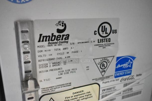Imbera VRD41 metal commerical cooler label, indicates 115 volts, refrigerant R-290, UL listed, Energy Star certified.
