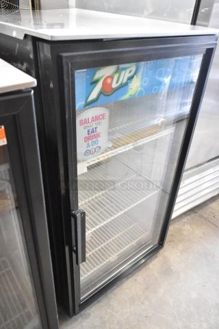 True GDM-06-LD metal single-door mini cooler merchandiser with poly-coated racks, glass front, 7UP branding, 115V, 1 phase.