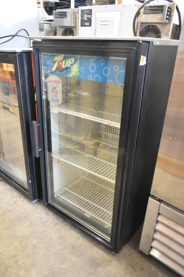 True GDM-06-LD mini cooler merchandiser, single door, metal, with poly-coated racks, 115V, excellent condition.