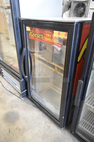 2020 True GDM-06-34-HC Commercial Single Door Mini Cooler, metal, poly-coated racks, "Reese's Try Chilled" sign.