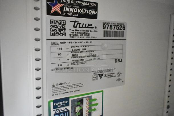 2020 True GDM-06-34-HC mini cooler tag; 115 volts, 1 phase, R290 refrigerant, model and serial numbers visible.