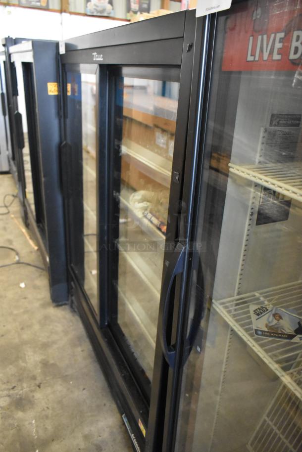 2022 True GDM-41SL-60-HC-LD mini cooler with poly-coated racks, 2 glass doors, black metal frame, 115V, 1 phase.