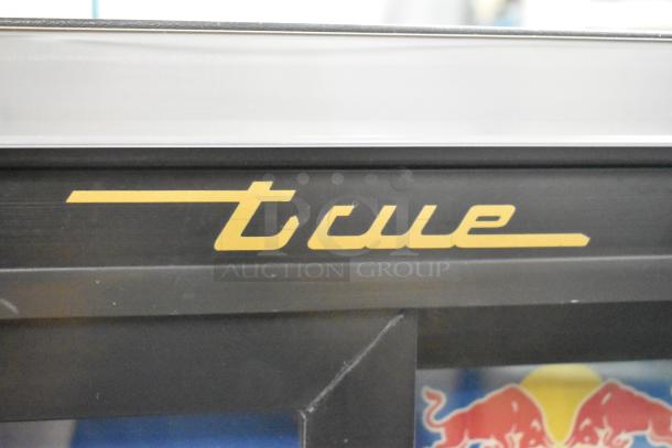 True GDM-41SL-60-HC-LD logo on commercial cooler, black frame detail, includes poly coated racks, for retail use.