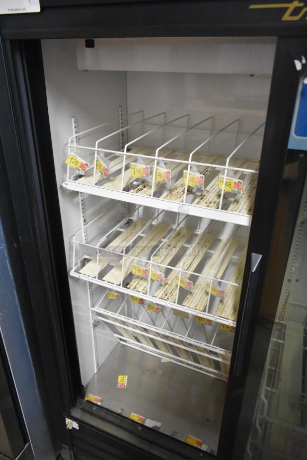 2022 True GDM-41SL-60-HC-LD 2-door mini cooler merchandiser with poly-coated racks, visible price tags, commercial use.