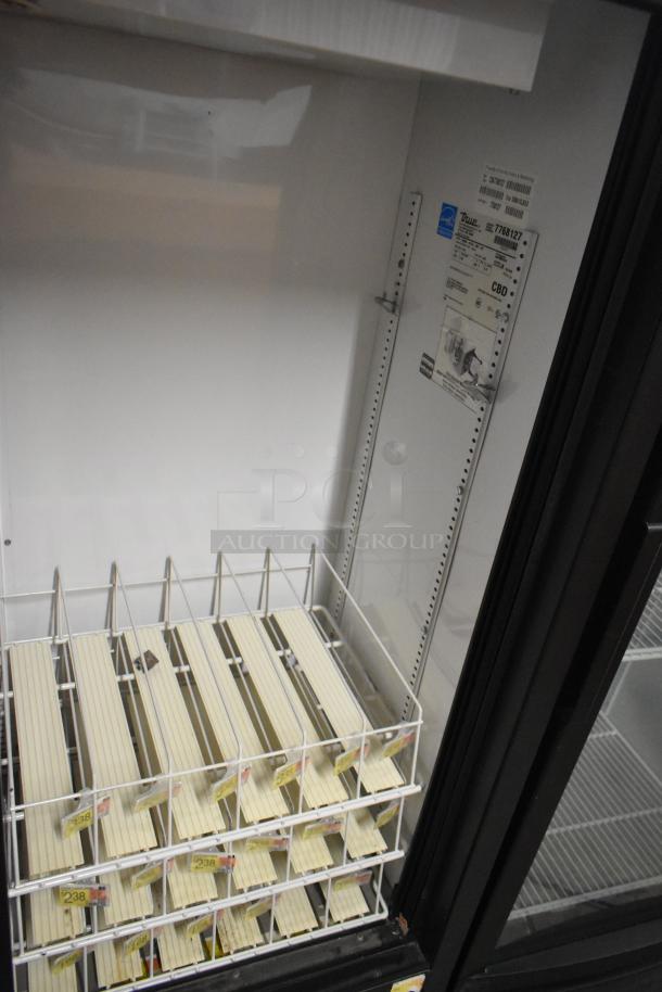 2022 True GDM-41SL-60-HC-LD metal commercial 2 door mini cooler with poly coated racks, 115V, 1 phase, tags visible.