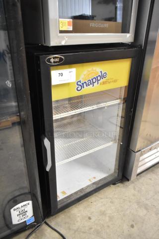 QBD DC6LP Metal Mini Cooler Merchandiser, Snapple branding, glass front, two shelves, 115V, 1 phase, used condition.