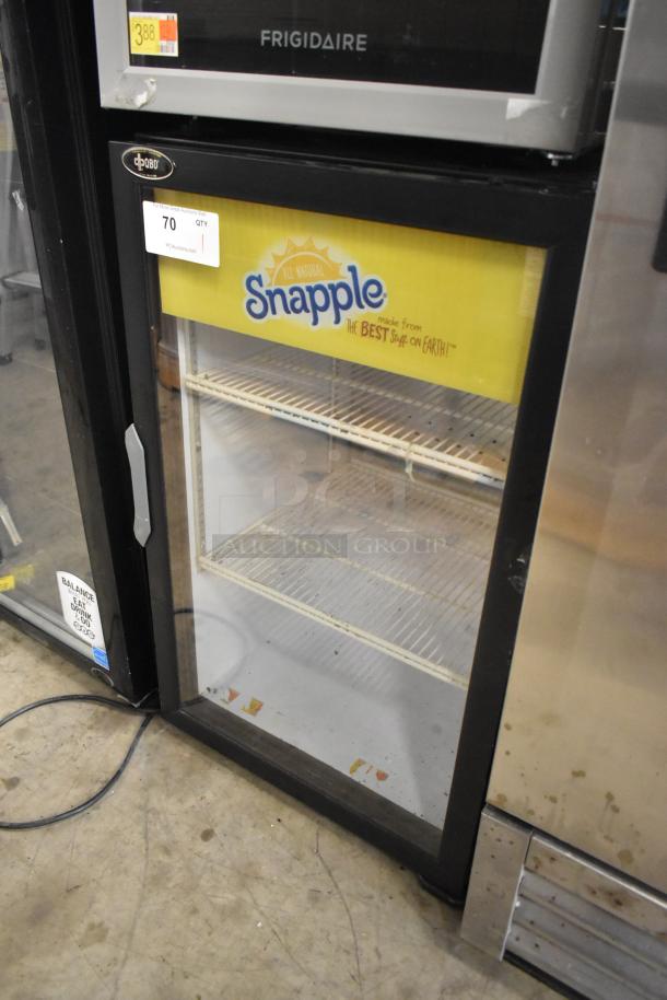 QBD DC6LP Metal Mini Cooler Merchandiser, 115V, 1 Phase, with Snapple branding, glass door, used condition.