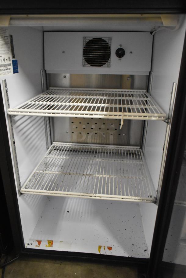 QBD DC6LP Metal Mini Cooler Merchandiser, 115V, 1 Phase, featuring two wire shelves, interior fan, and visible wear.
