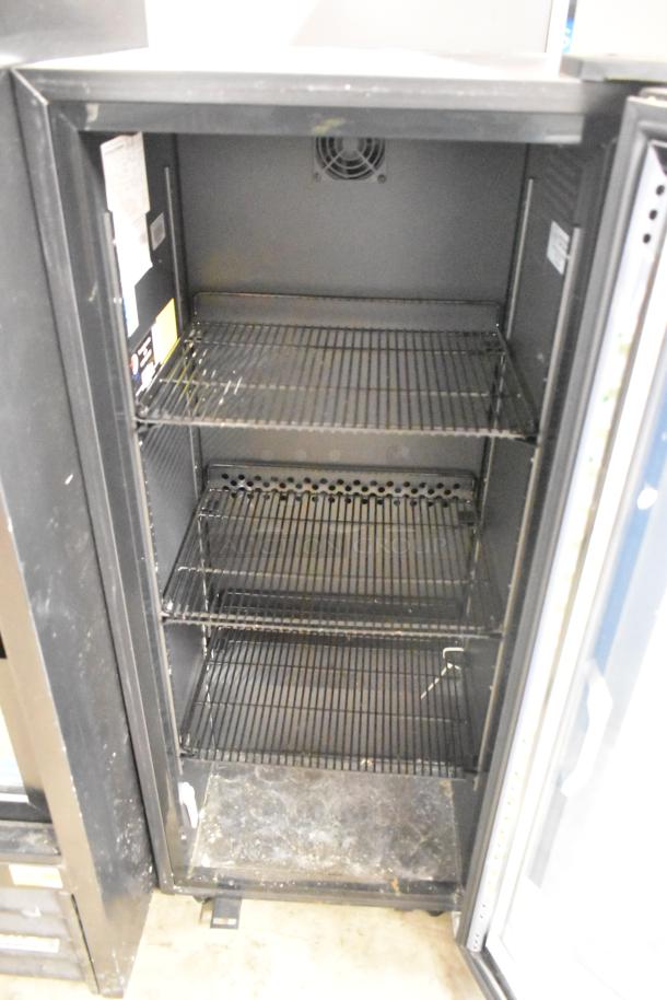 2019 IDW G4-H0234B metal single door reach-in cooler, 115 volts, 1 phase, three shelves, visible interior fan.
