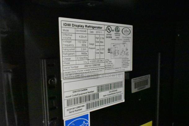 2019 IDW G4-H0234B Reach In Cooler, metal, single door, model label shows 115V, 1 Phase, R600a refrigerant. Serial: 2221911280160.