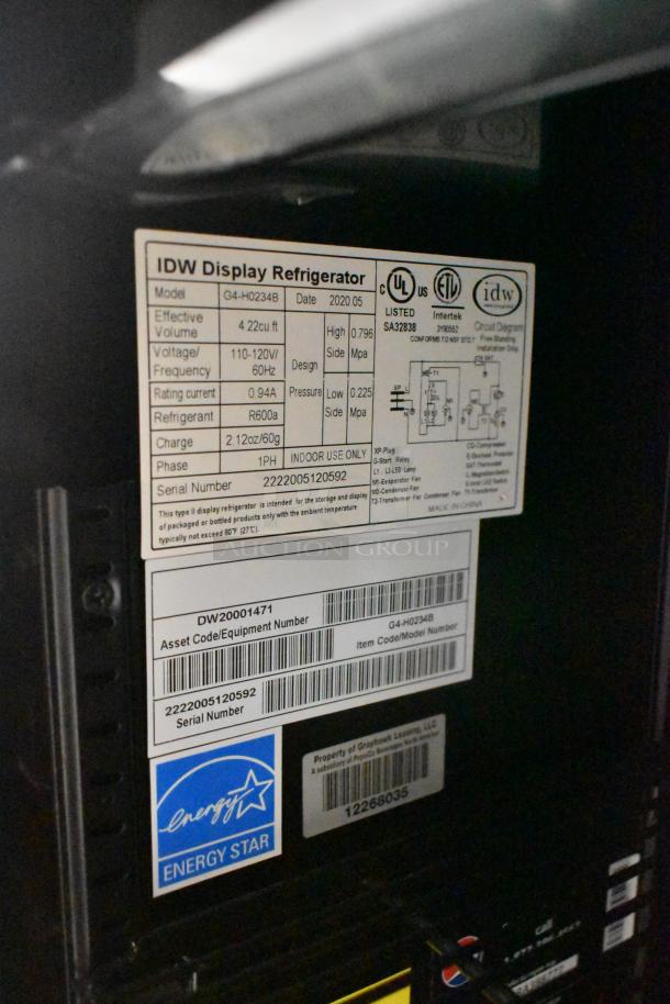 2020 IDW G4-H0234B Metal Single Door Reach In Cooler Merchandiser. 115 Volts, 1 Phase. Energy Star label visible.