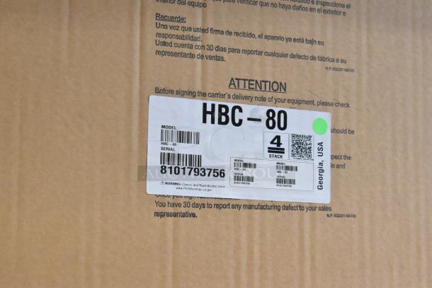 Brand new Hoshizaki HBC-80 metal commercial back bar bottle cooler with 3 sliding lids. Box label shows model and serial number.