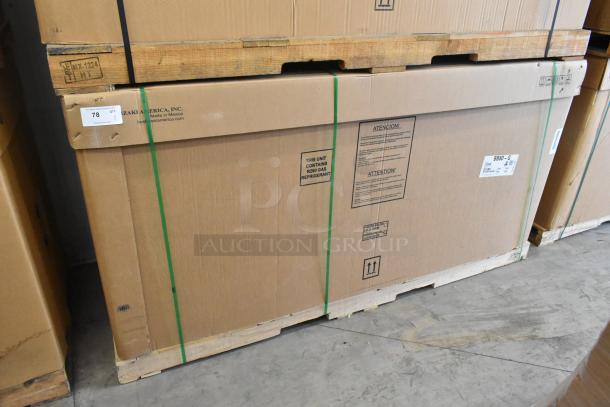 BRAND NEW Hoshizaki BB80-G 3-door cooler in box, 115V, 1 Phase. Labels show R290 gas; Made in Mexico.