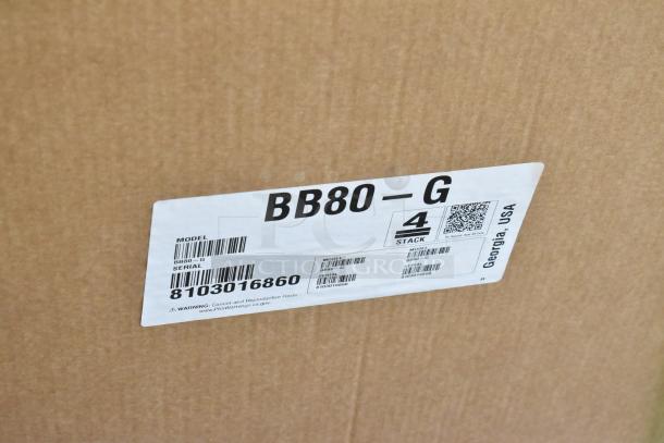Brand new Hoshizaki BB80-G 3-door undercounter cooler in box with model and serial labels visible. 115V, 1 phase.