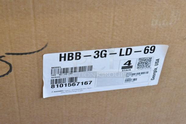 Box label for Hoshizaki HBB-3G-LD-69 cooler, model and serial number displayed, warning notice included.