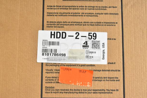Brand new Hoshizaki HDD-2-59 kegerator box with model and serial labels, 115 volts, 1 phase, for commercial use.