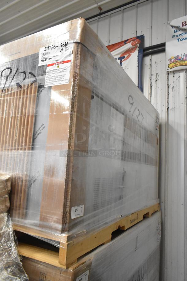 Brand new Hoshizaki SR72B-18M stainless steel sandwich prep table, in box, visible labels showing model and specs.