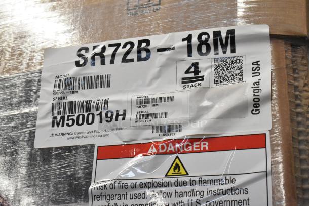 Label of Hoshizaki SR72B-18M stainless steel sandwich prep table, new in box, model and serial numbers visible.