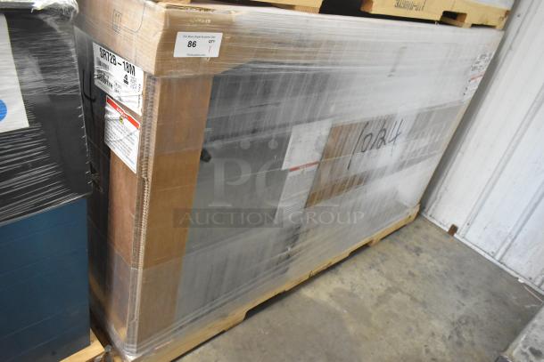Brand new Hoshizaki SR72B-18M stainless steel prep table in box. Visible model label confirms specs. 115V, 1 phase.