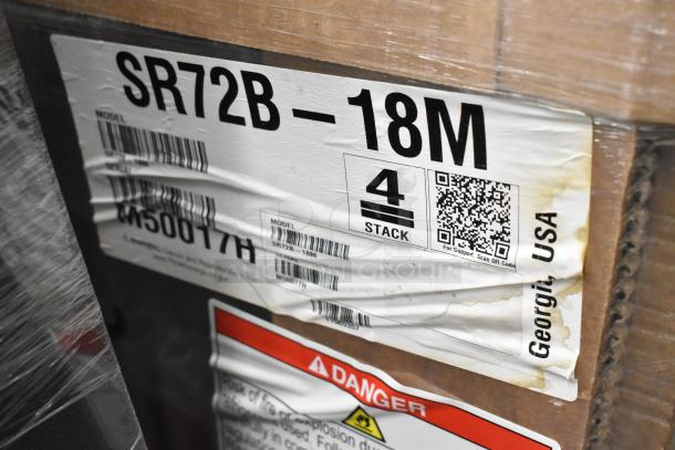 Brand new Hoshizaki SR72B-18M sandwich prep table in box, stainless steel, 115V, 1 phase. Label details visible.