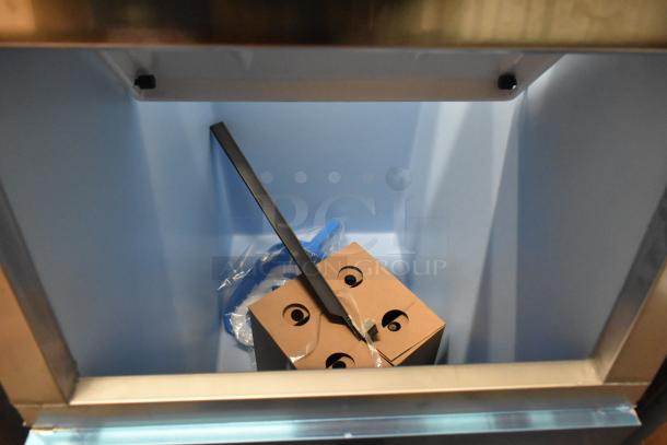 Brand new 2025 Hoshizaki B-300SF 22" ice storage bin, stainless steel, 300 lb capacity, with minor scratches and dents.