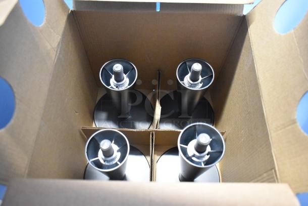 Cardboard box containing four metal parts with threaded tops, possibly ice bin components.
