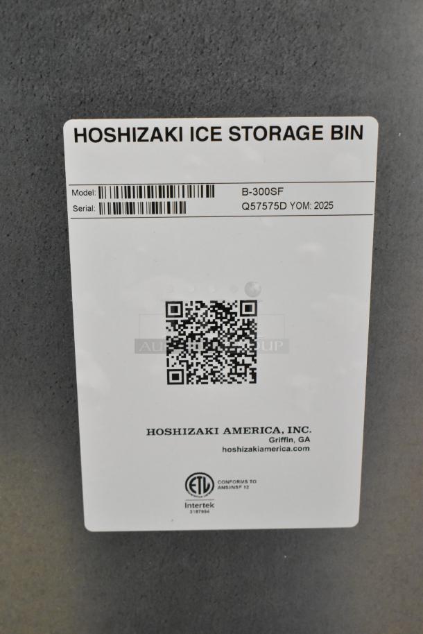 2025 Hoshizaki B-300SF ice storage bin, stainless steel, 300 lb capacity. Scratch and dent, model and serial number label shown.