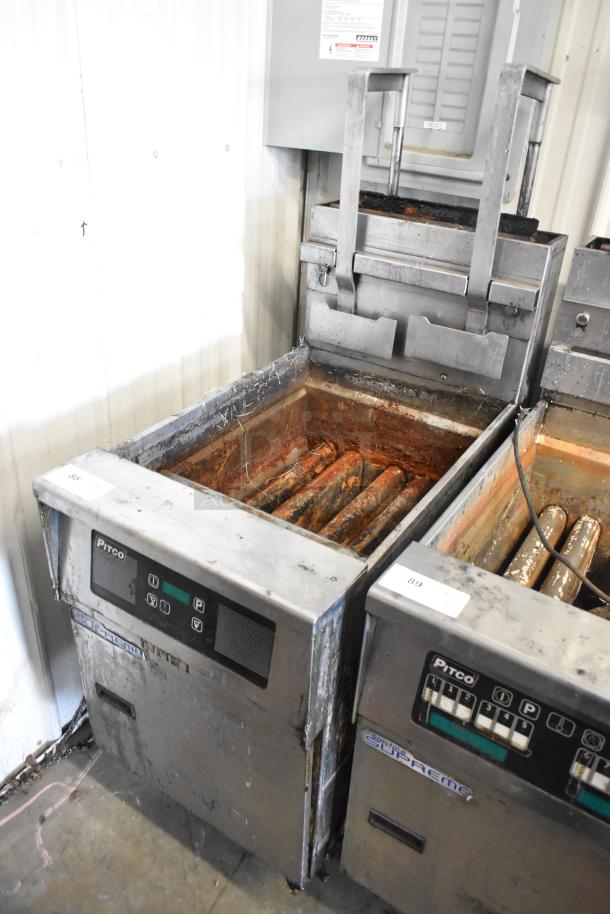 Pitco Frialator SSH75 Solstice Supreme fryer, stainless steel, commercial floor style, natural gas, 105,000 BTU, on casters.