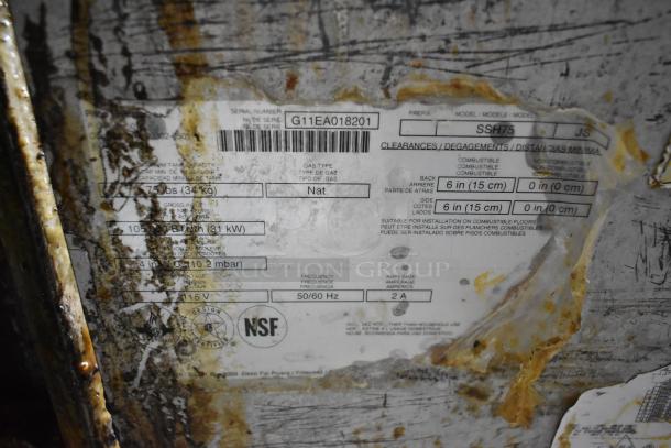 Pitco Frialator SSH75 deep fryer label with model info, serial number G11EA018201, showing clearance and power details.
