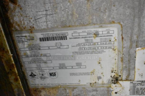 Pitco Frialator SSH75 Solstice Supreme fryer label, 105,000 BTU, natural gas, NSF-certified, mounted on commercial casters.