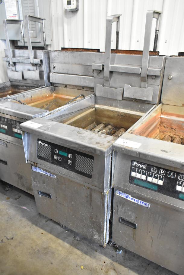 Pitco Frialator SSH75 Solstice Supreme stainless steel commercial gas fryers, used condition, 105,000 BTU, on casters.