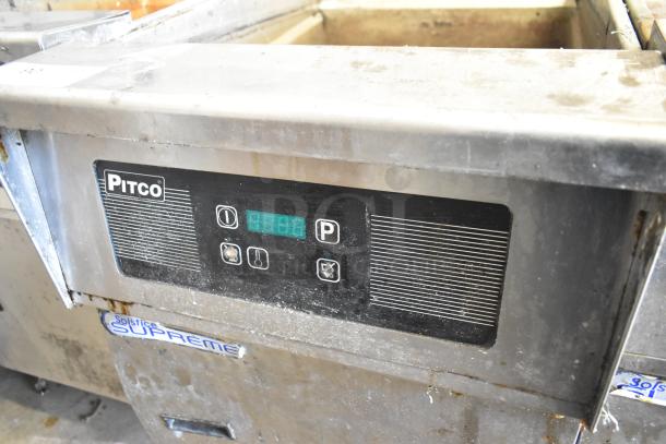 Pitco Frialator SSH75 Solstice Supreme stainless steel commercial fryer, natural gas, 105,000 BTU, on casters, visible wear.