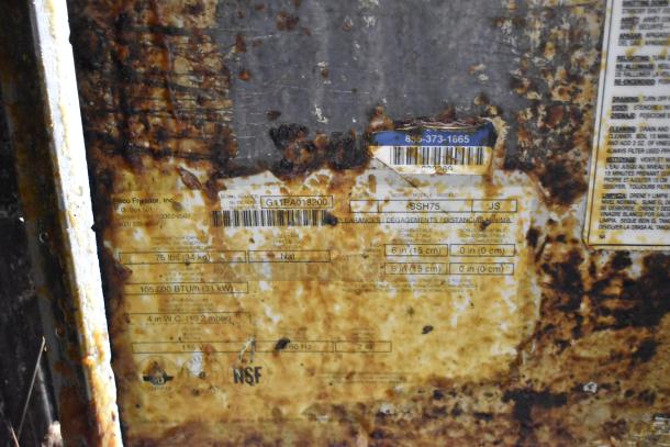Pitco Frialator SSH75 fryer label with serial number G11EA018200 visible, rusted, indicating natural gas, 105,000 BTU.