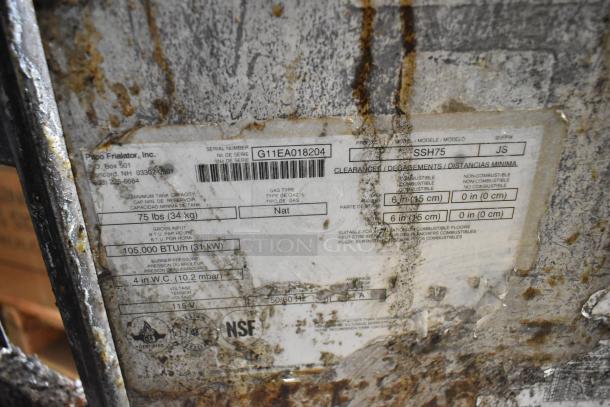 Pitco Frialator SSH75 label showing model, serial number G11EA018204, 105,000 BTU, gas type Nat.