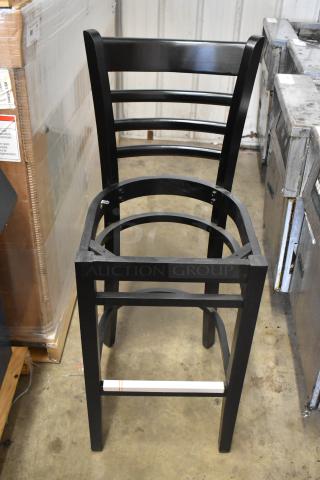 Black bar height ladder back chair by Lancaster Table & Seating, model 164BLADBLKFR, new with scratch and dent imperfections.